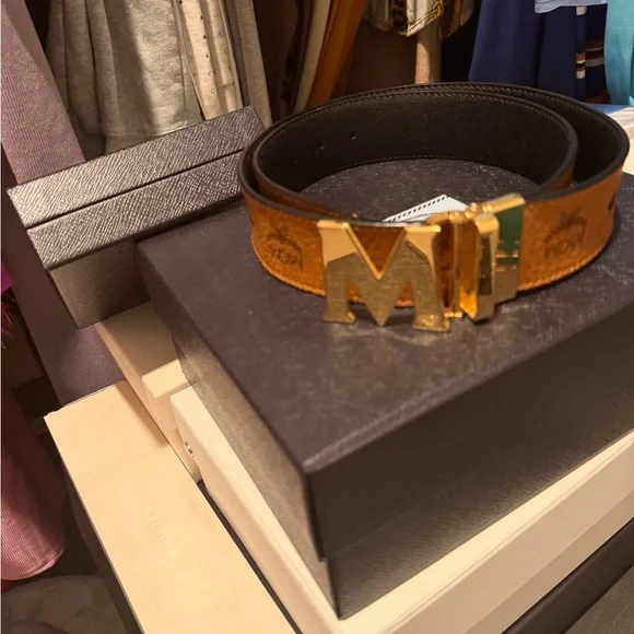 MCM Brown Belt Bag with Gold Buckle